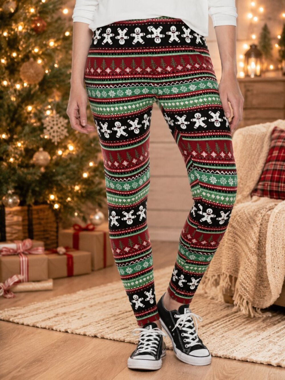 SO Red Green Gingerbread Man Snowflake Holiday Leggings Extra Small